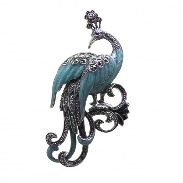 Silver Marcasite Enamel Peacock Brooch