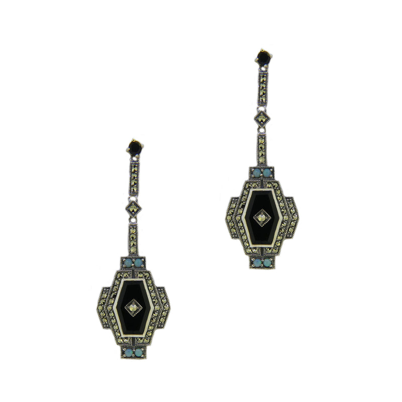 Silver Marcasite Onyx & Opal Long Drop Earrings