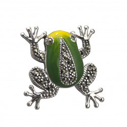Silver Marcasite Enamel Frog Brooch