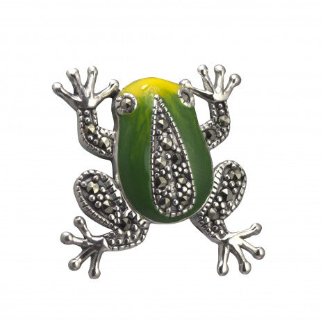 Silver Marcasite Enamel Frog Brooch