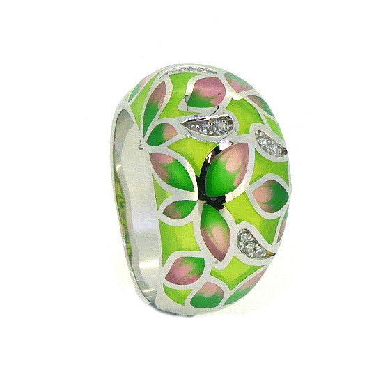 Silver green and pink Enamel Ring PUR007CZ