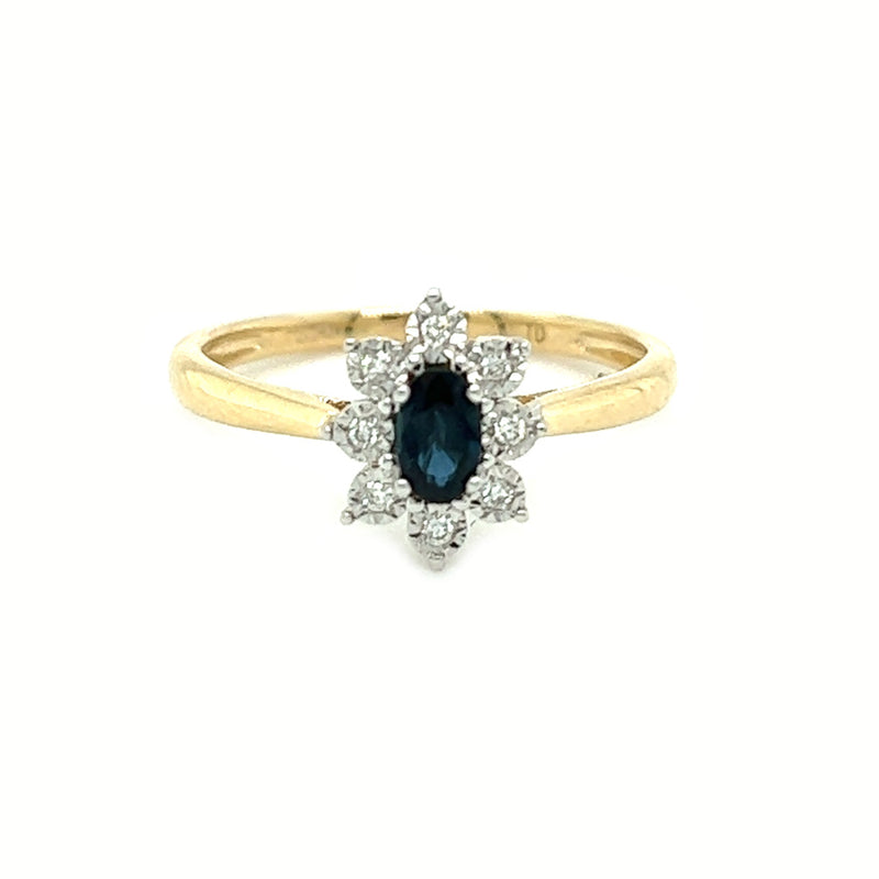 Sapphire & Diamond Oval Illusion Set Cluster Ring 9ct Gold