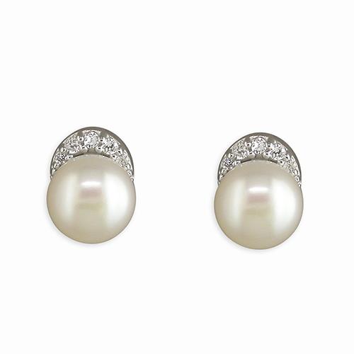 Silver CZ Topped 7mm Fresh Water Cultured Pearl Earring