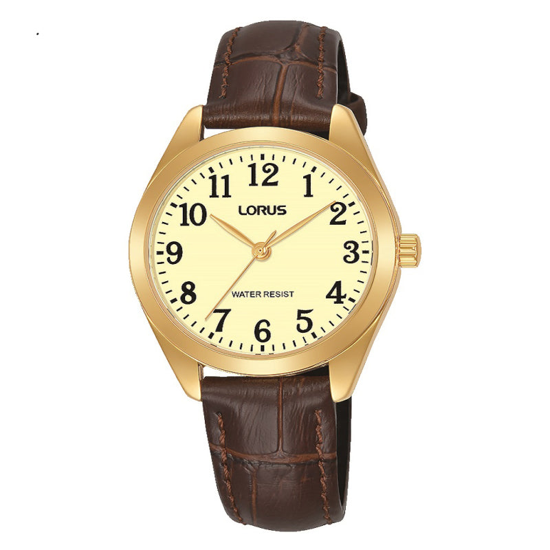 Lorus Ladies Easy Reader Gold Case Brown Leather Strap Watch RG242TX9