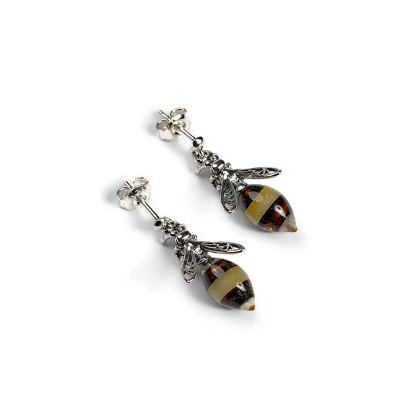 Henryka Hornet / Bee Drop Earrings in Silver and Amber