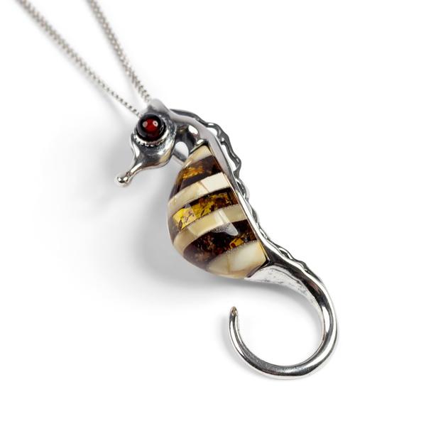 Henryka Small Seahorse Necklace in Silver and Amber
