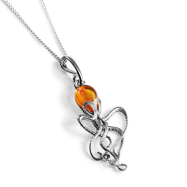 Henryka Small Octopus Necklace in Silver and Amber