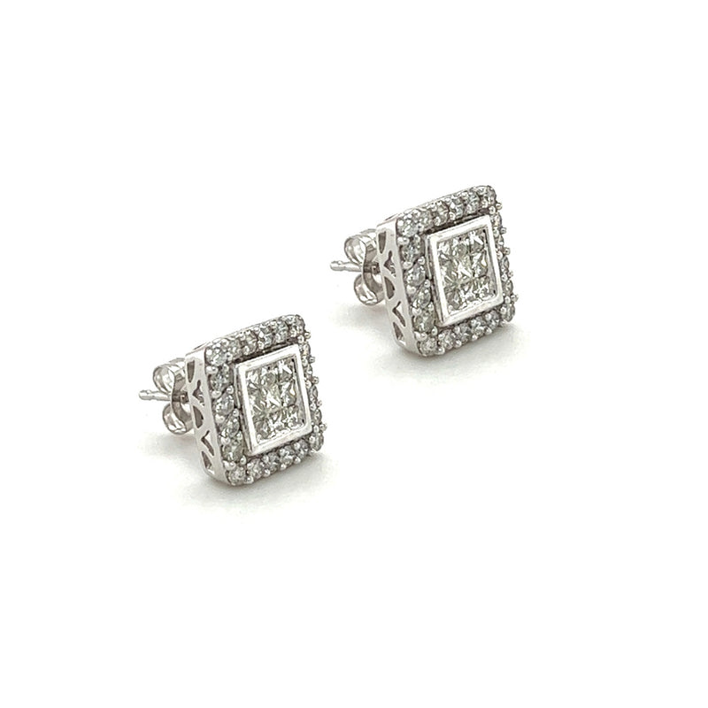 9ct White Gold Diamond Square Cluster Earrings