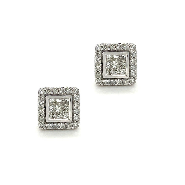 9ct White Gold Diamond Square Cluster Earrings