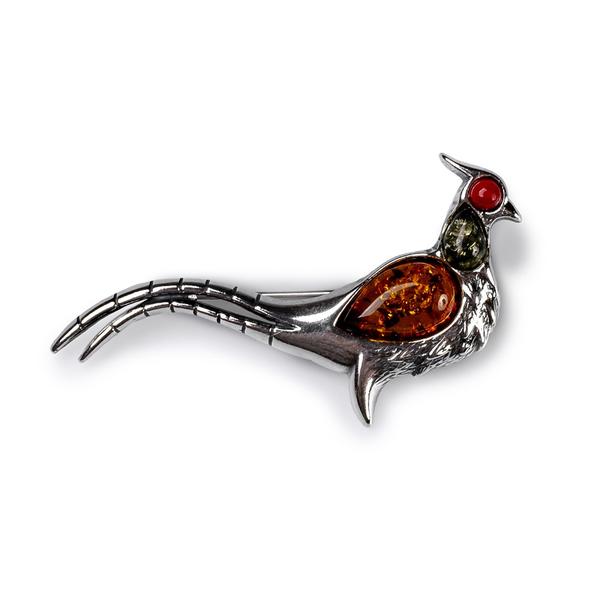 Henryka Pheasant Bird Brooch in Silver, Coral and Amber