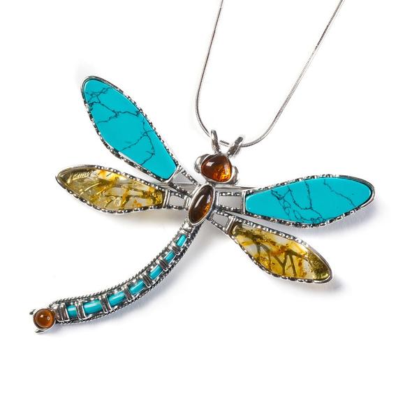Henryka Exotic Dragonfly Necklace in Silver Turquoise and Amber
