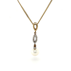 9ct Yellow Gold Cultured Pearl & Diamond Drop Necklace