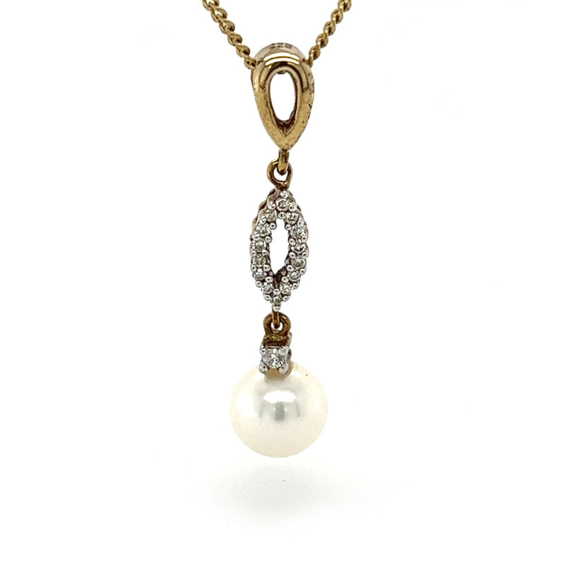 9ct Yellow Gold Cultured Pearl & Diamond Drop Necklace