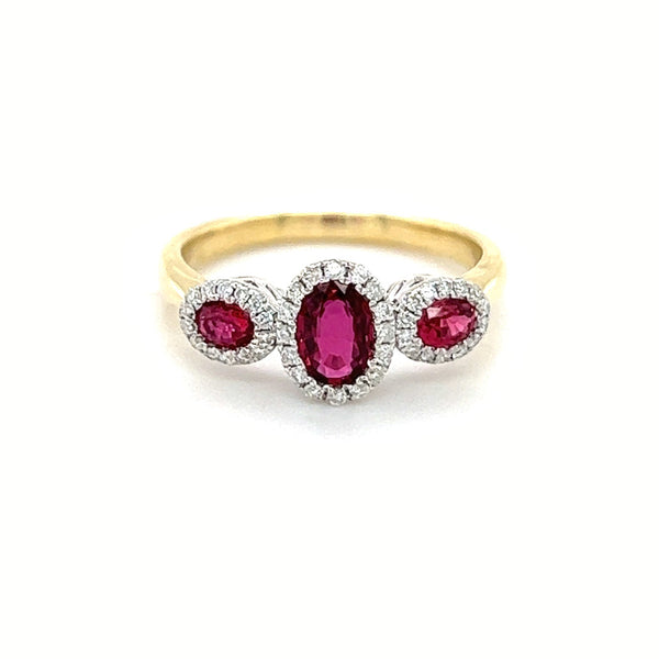 Ruby & Diamond 3 Stone Halo Ring 9ct Gold