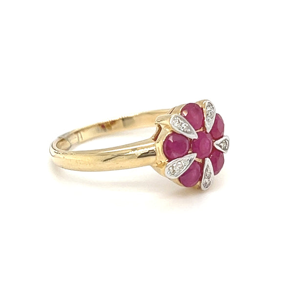 Ruby & Diamond Flower Ring 9ct Gold