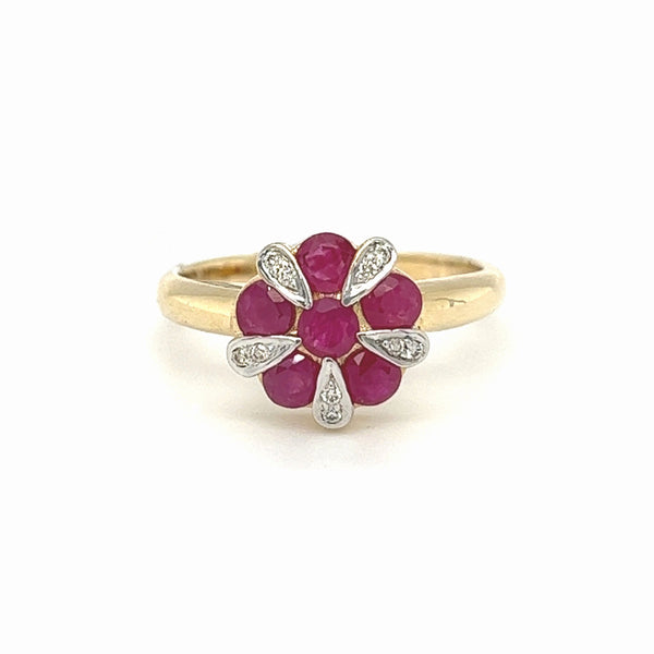 Ruby & Diamond Flower Ring 9ct Gold