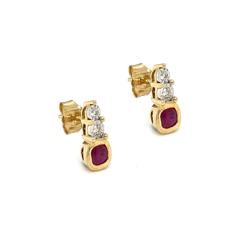 9ct Gold Ruby & Diamond Drop Stud Earrings