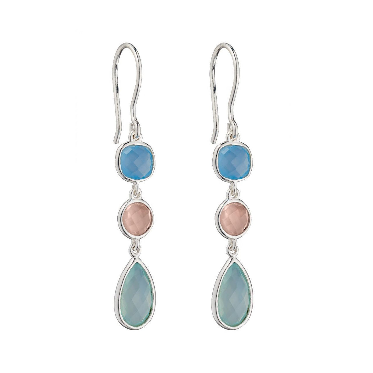 Sterling Silver Rose Quartz with Blue & Aqua Chalcedony Drop Earring E5698