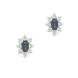 9ct Gold Oval Sapphire & Diamond Illusion Set Cluster Earrings