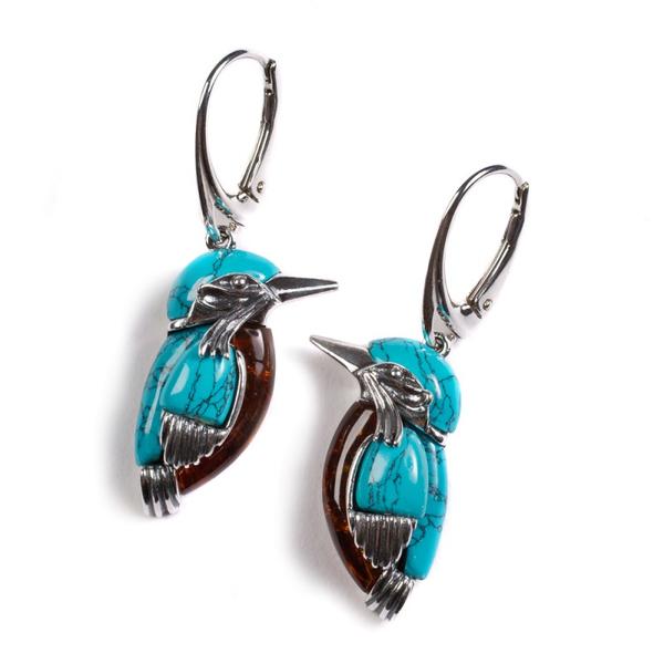Henryka Kingfisher Bird Drop Earrings in Silver, Turquoise and Amber