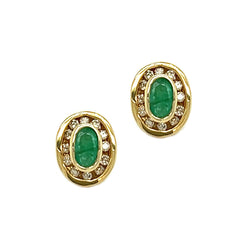 9ct Yellow Gold Emerald & Diamond Oval Earrings