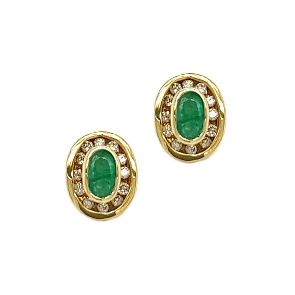 9ct Yellow Gold Emerald & Diamond Oval Earrings