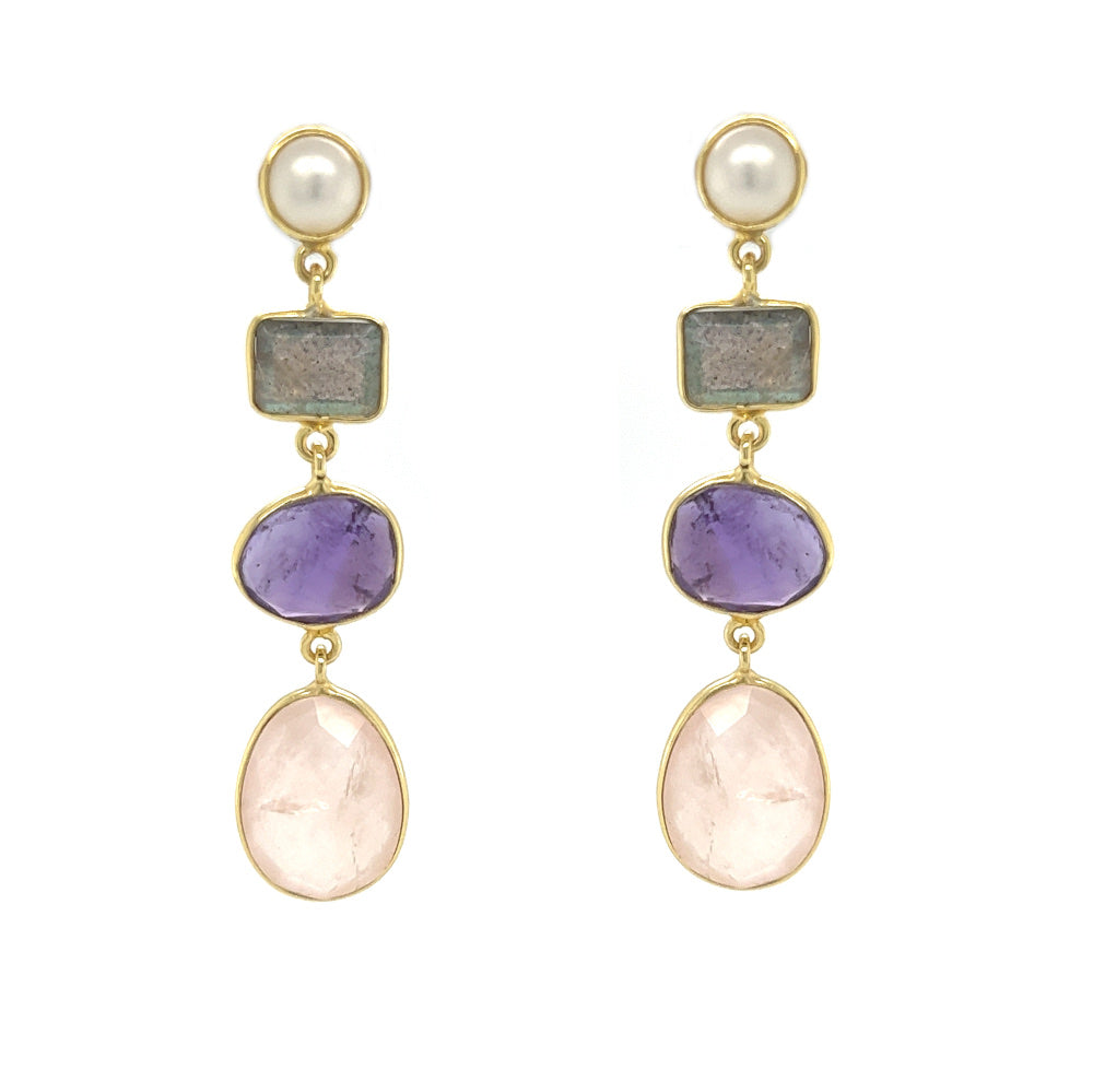 Sterling Silver 14k Gold Plated Pearl,Labradorite, Amethyst & Rose Quartz Drop Earrings