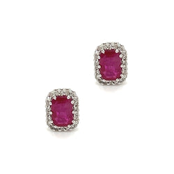 9ct White Gold Ruby & Diamond Oblong Cluster Earrings