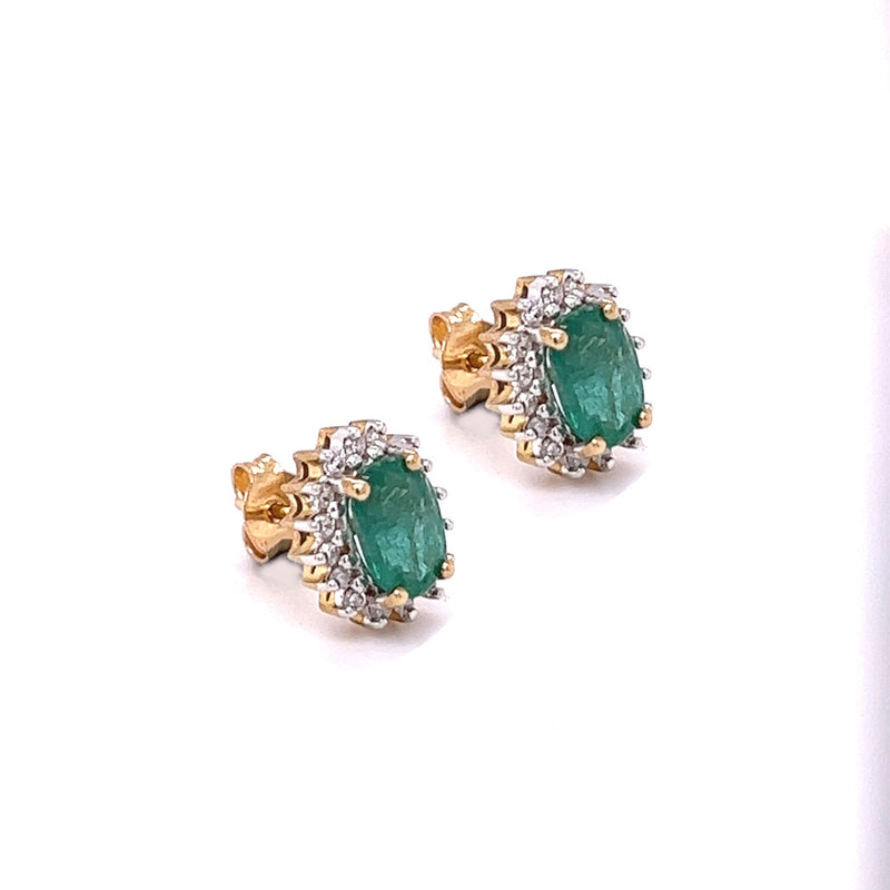 9ct Gold Oval Emerald & Diamond Cluster Earrings side