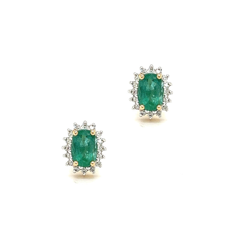 9ct Gold Oval Emerald & Diamond Cluster Earrings