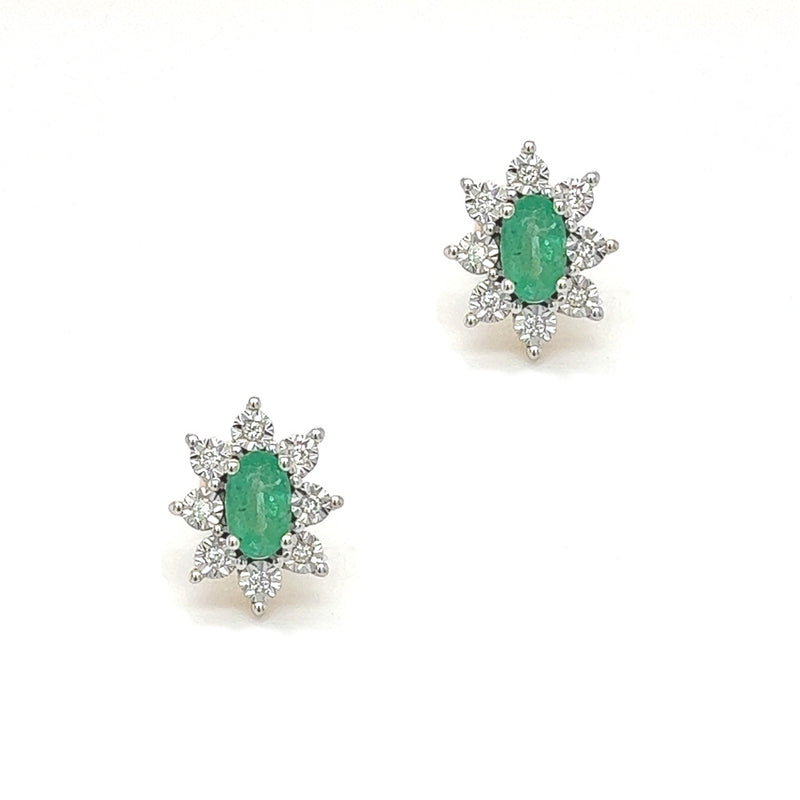 9ct Gold Oval Emerald & Diamond Illusion Set Cluster Earrings