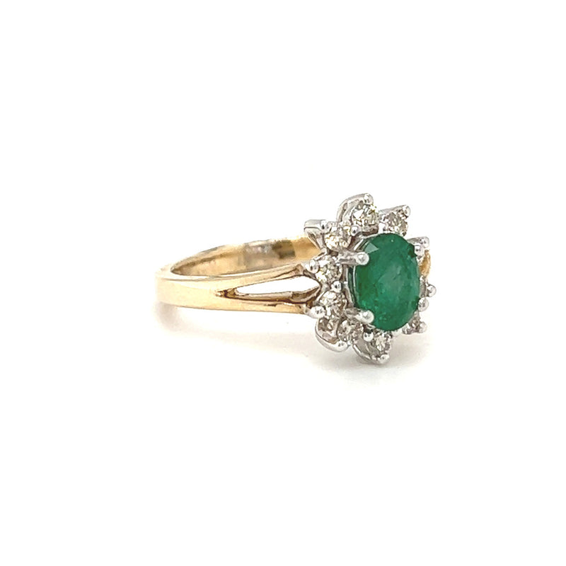 Emerald & Diamond Oval Cluster Ring 9ct Yellow Gold