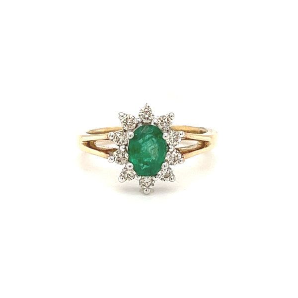 Emerald & Diamond Oval Cluster Ring 9ct Yellow Gold