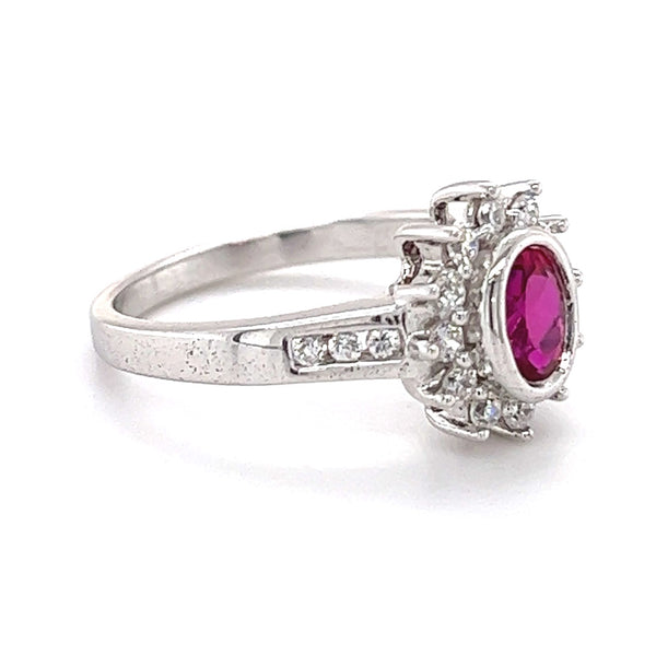 Silver Ruby Red & White CZ Oval Cluster Ring SIDE