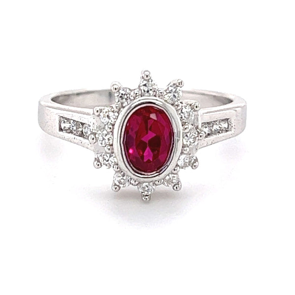 Silver Ruby Red & White CZ Oval Cluster Ring