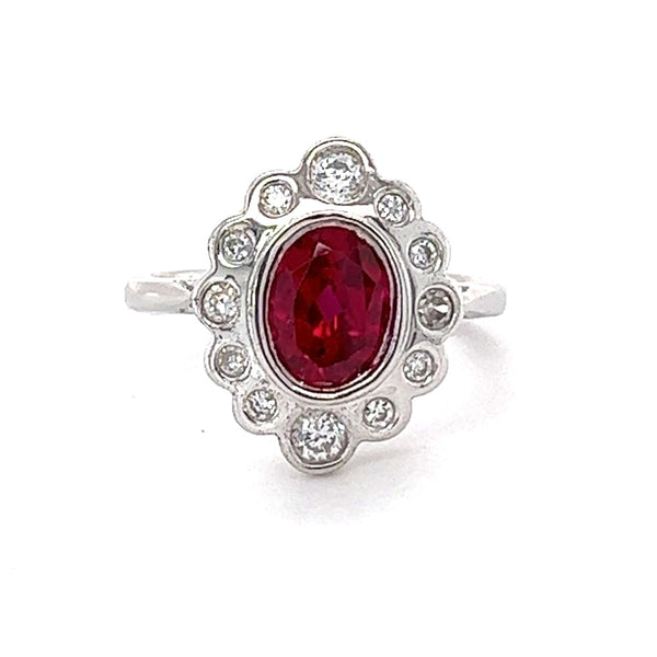 Sterling Silver Ruby Red & White CZ Oval Cluster Ring