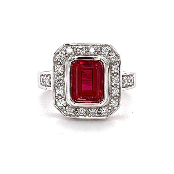 Silver Sapphire Red & White CZ Octagonal Ring