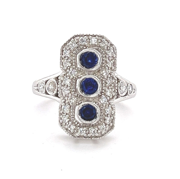 Silver Blue & White Cubic Zirconia Deco Style Triple Cluster Ring