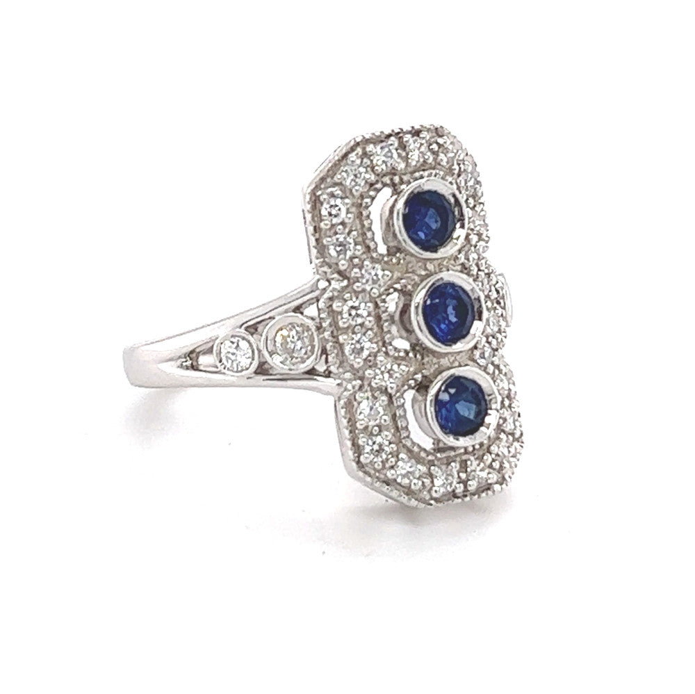 Silver Blue & White Cubic Zirconia Deco Style Triple Cluster Ring side