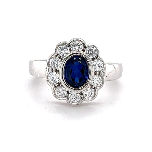 Silver Sapphire Blue & White CZ Classic Oval Cluster Ring