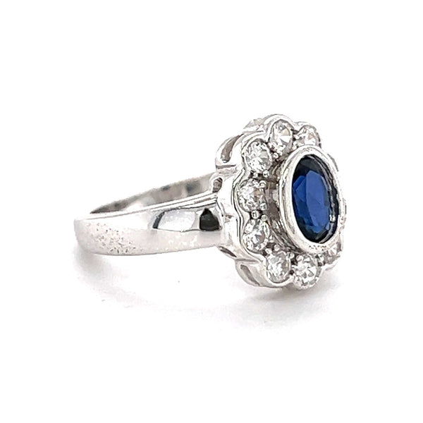 Silver Sapphire Blue & White CZ Classic Oval Cluster Ring side