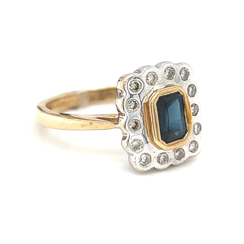 Sapphire & Diamond Rectangular Cluster Ring 9ct Yellow Gold
