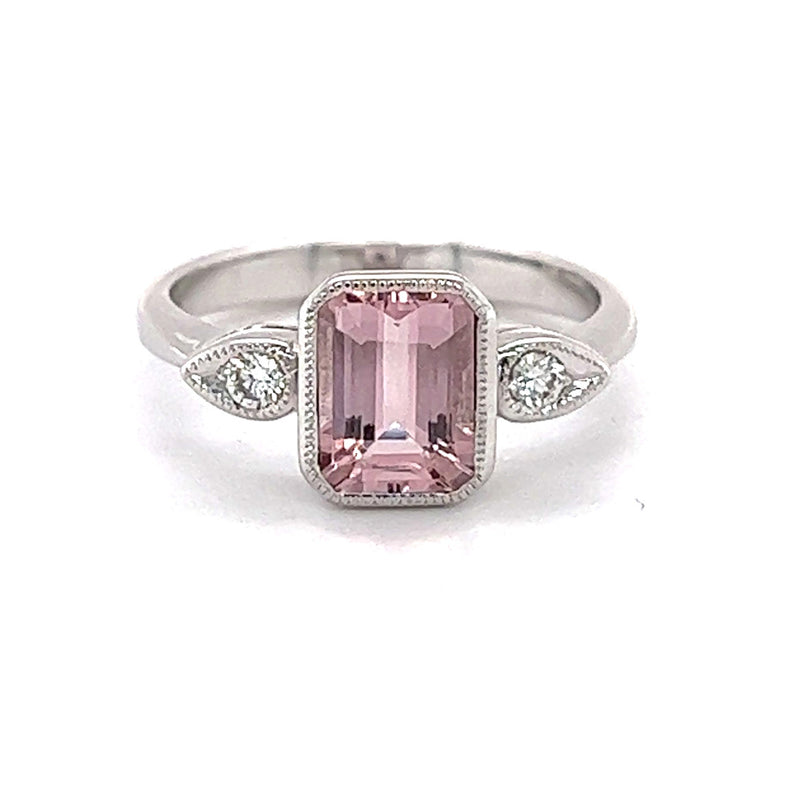 Pink Morganite Diamond Octagonal Trilogy Ring 9ct White Gold Striacroft Jewellers