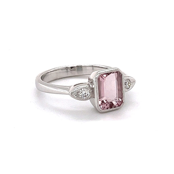 Pink Morganite & Diamond Octagonal Trilogy Ring 9ct White Gold side 1