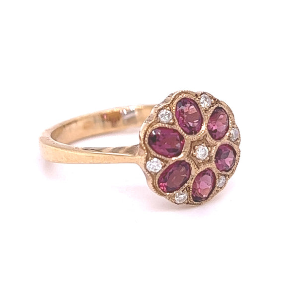 Rhodalite & Diamond Pear Cluster Ring 9ct Gold side