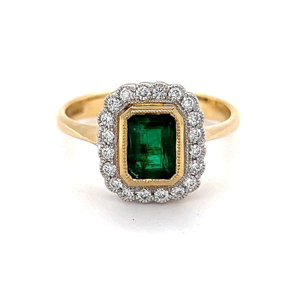 Emerald & Diamond Octagonal Cluster Ring 18ct Yellow Gold