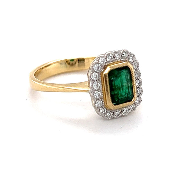 Emerald & Diamond Octagonal Cluster Ring 18ct Yellow Gold side 1
