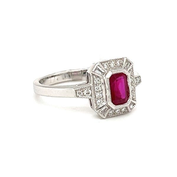Ruby & Diamond Octagonal Cluster Ring 18ct White Gold SIDE