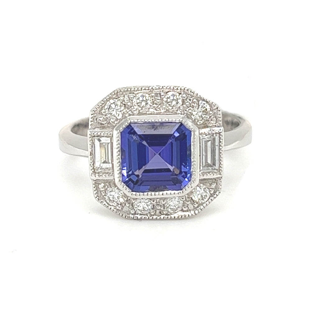 Tanzanite & Diamond Square Cluster Ring front
