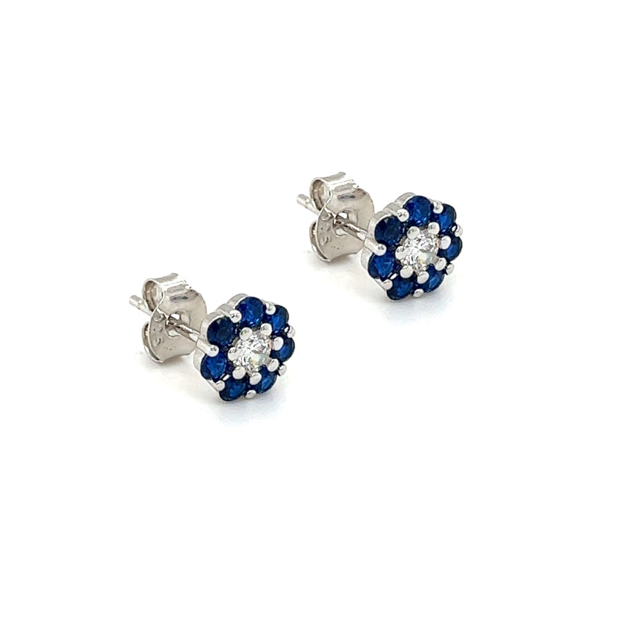 Sterling Silver Blue & White CZ Daisy Cluster Earrings side